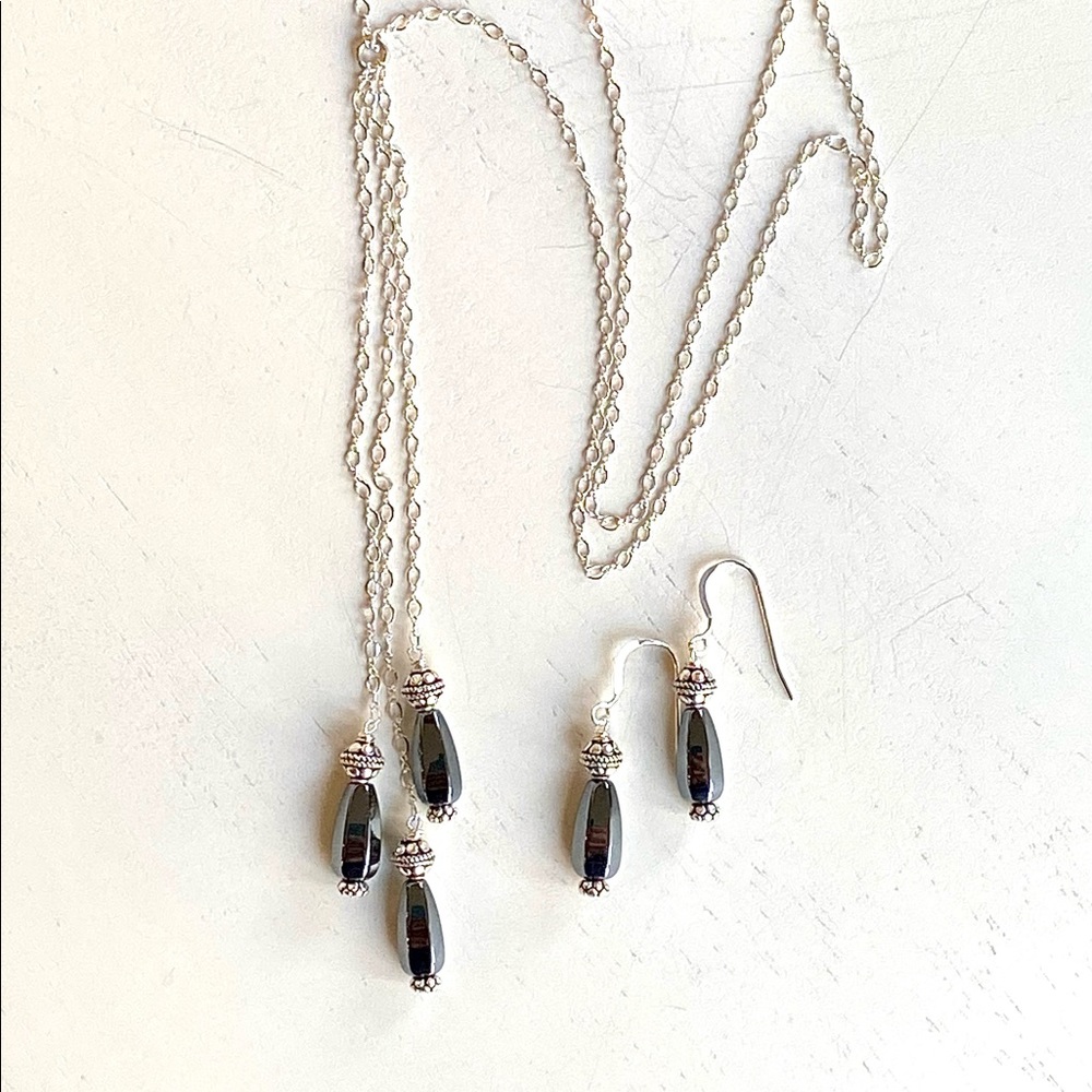 Handcrafted Hematite and Sterling Silver Lariat/Tassel Necklace and Earring Set